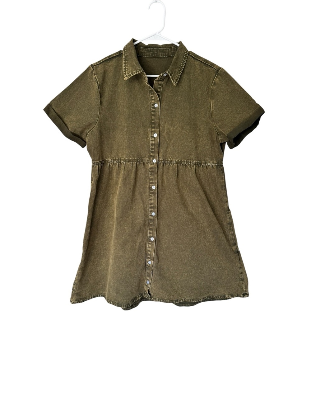 Olive Button-Front Short Sleeve Shirt Dress